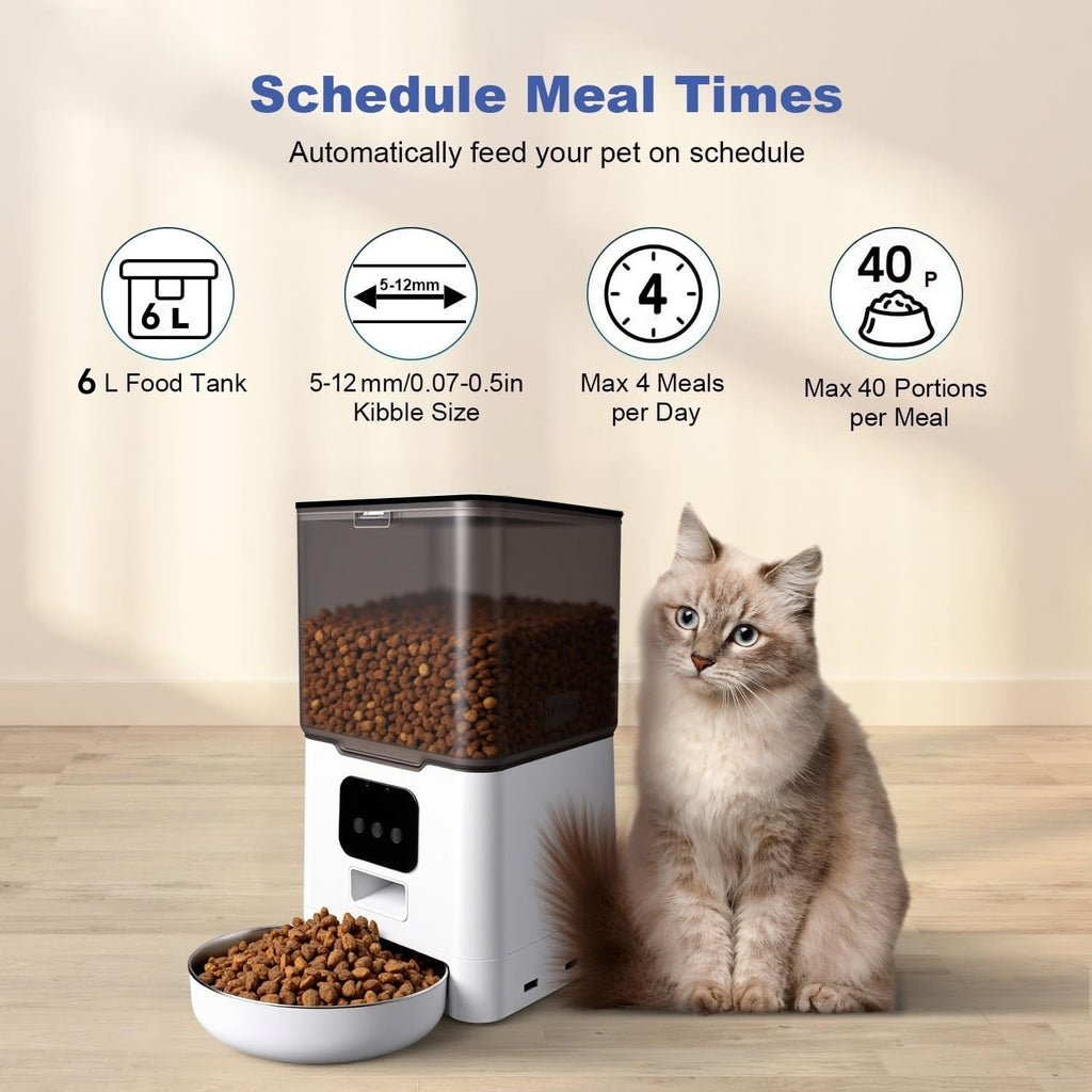 BN-LINK Automatic Cat Feeder 6L WIFI, 2.4G WiFi Timed Pet Feeder Cat Food Dispenser, 6L Automatic Cat Food Dispenser for Small Pets Indoor, White