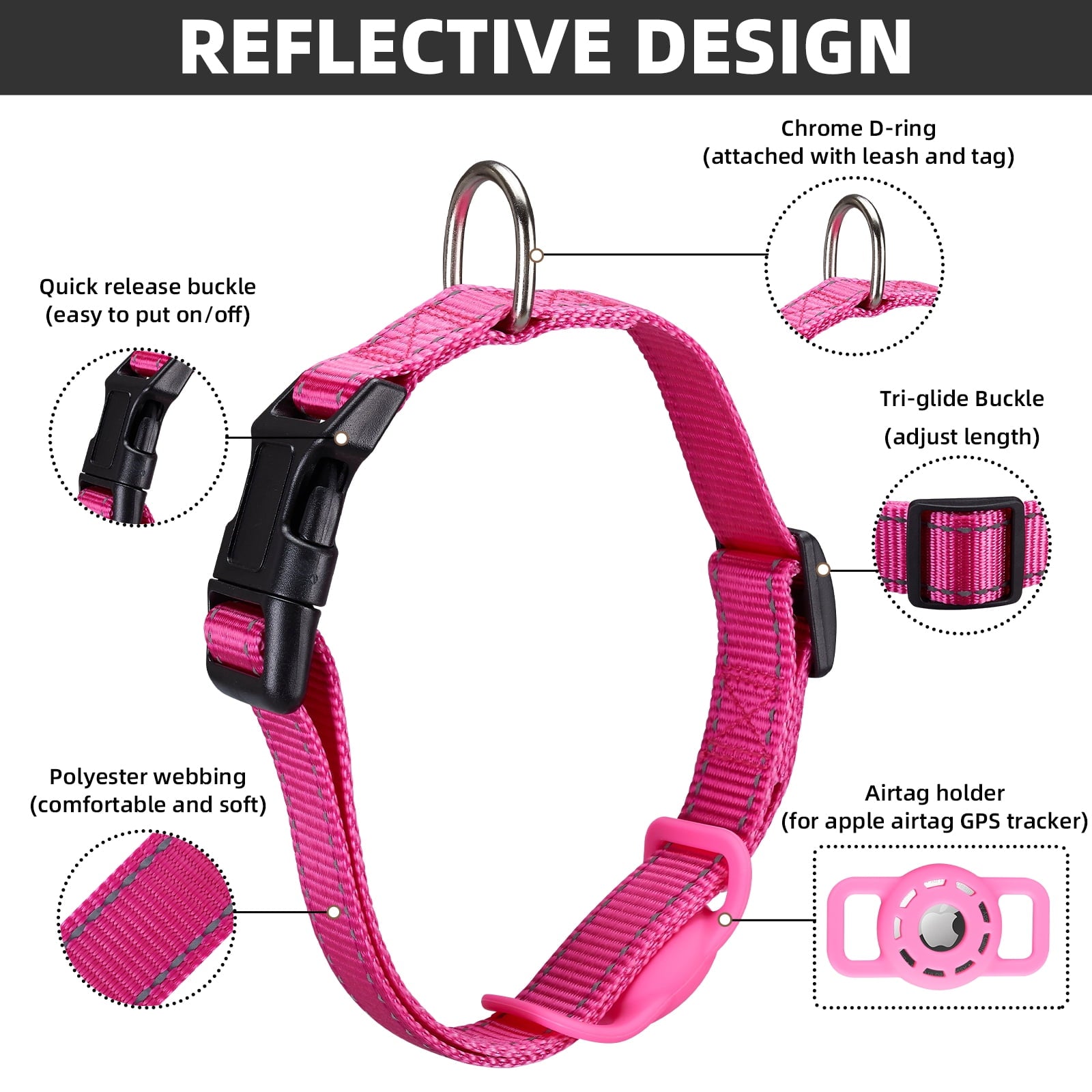 AirTag Cat Collar, Compatible with Apple AirTag, Polyester Pet Kitten Puppy Collar with Silicone AirTag Holder for Small Dogs, Pink Rose, XS: 8''-12'' Neck